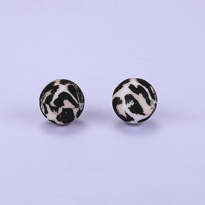 Printed Round with Leopard Print Pattern Silicone Focal Beads SI-JX0056A-01-1
