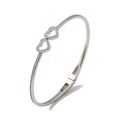 Rack Plating Brass Micro Pave Clear Cubic Zirconia Hollow Double Heart Hinged Bangles BJEW-H616-02P-1