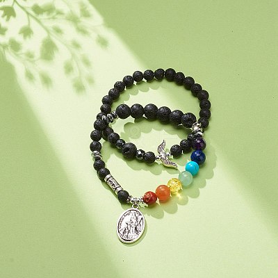 2Pcs 2 Style Style Natural Lava Rock & Mixed Stone & Synthetic Hematite Stretch Bracelets Set BJEW-JB08733-1