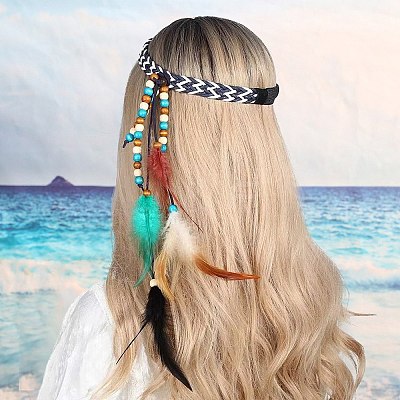 1Pc Boho Feathers Headband Hair Extensions Headpiece AJEW-DJ0001-51B-1
