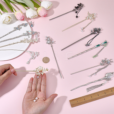 12Pcs 12 Styles Alloy Flower Butterfly Hair Sticks OHAR-PH0001-37-1