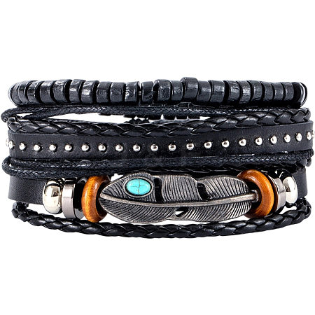 1Pc Cowhide & Imitation Leather Cord Knitted Multi-strand Bracelets AJEW-GF0011-50E-1