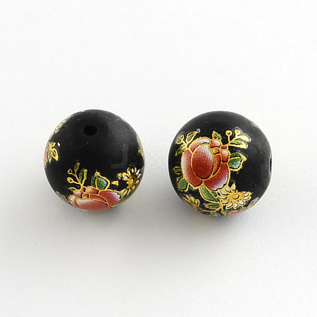 Flower Picture Frosted Glass Round Beads LS-GFB-R004-14mm-V19-1