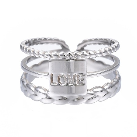 Non-Tarnish 304 Stainless Steel Rectangle with Word Love Open Cuff Ring RJEW-T023-39P-1