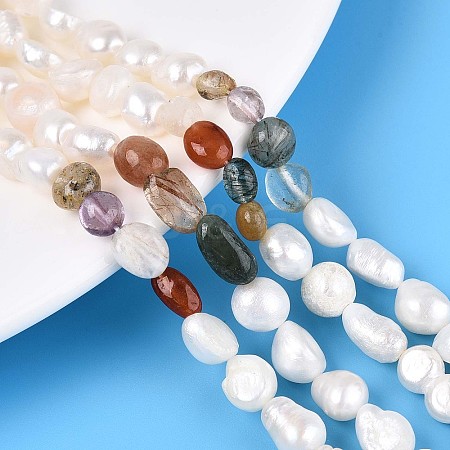 Natural Mixed Gemstone Nuggets & Natural Cultured Freshwater Pearl Beads Strands PEAR-N023-01A-12-1