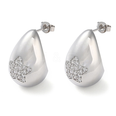 Teardrop with Star Brass Micro Pave Clear Cubic Zirconia Stud Earrings EJEW-A034-03P-1