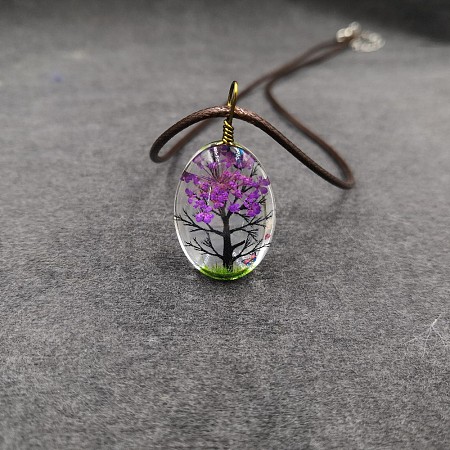 Alloy Wire Wrapped Oval Glass Inner Dried Flower Tree Pendant Waxed Cord Necklaces for Women FS-WG6B63C-03-1