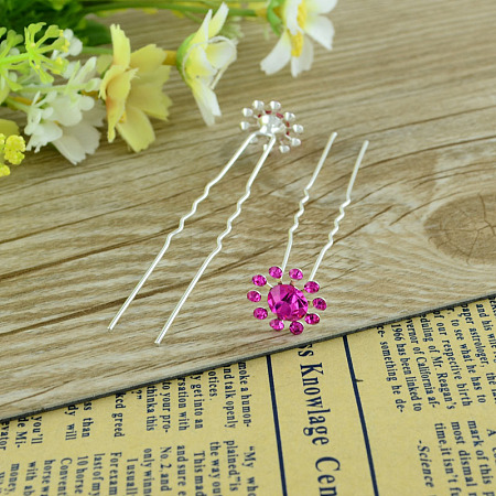 Lady's Hair Accessories Silver Color Iron Rhinestone Flower Hair Forks PHAR-S185-04-1