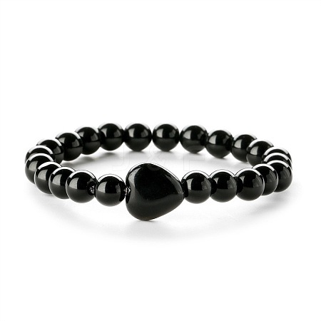 Fashionable Heart & Round Natural Black Onyx(Dyed & Heated) Beaded Stretch Bracelets for Women Men EN4450-4-1