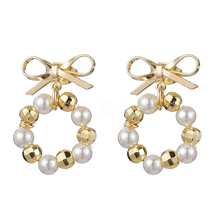 Ring & Bowknot Brass Dangle Stud Earrings EJEW-TA00349-1