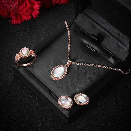 Oval Alloy & Natural Moonstone Pendant Necklaces & Stud Earrings & Rings Sets FS-WG10CC3-01-1