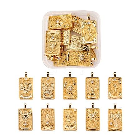 10Pcs 1 style Brass Micro Pave Clear Cubic Zirconia Tarot Card Pendants ZIRC-LS0001-01G-1