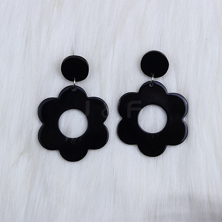 Flower with Flat Round Opaque Acrylic Dangle Stud Earrings FS-WG69462-02-1